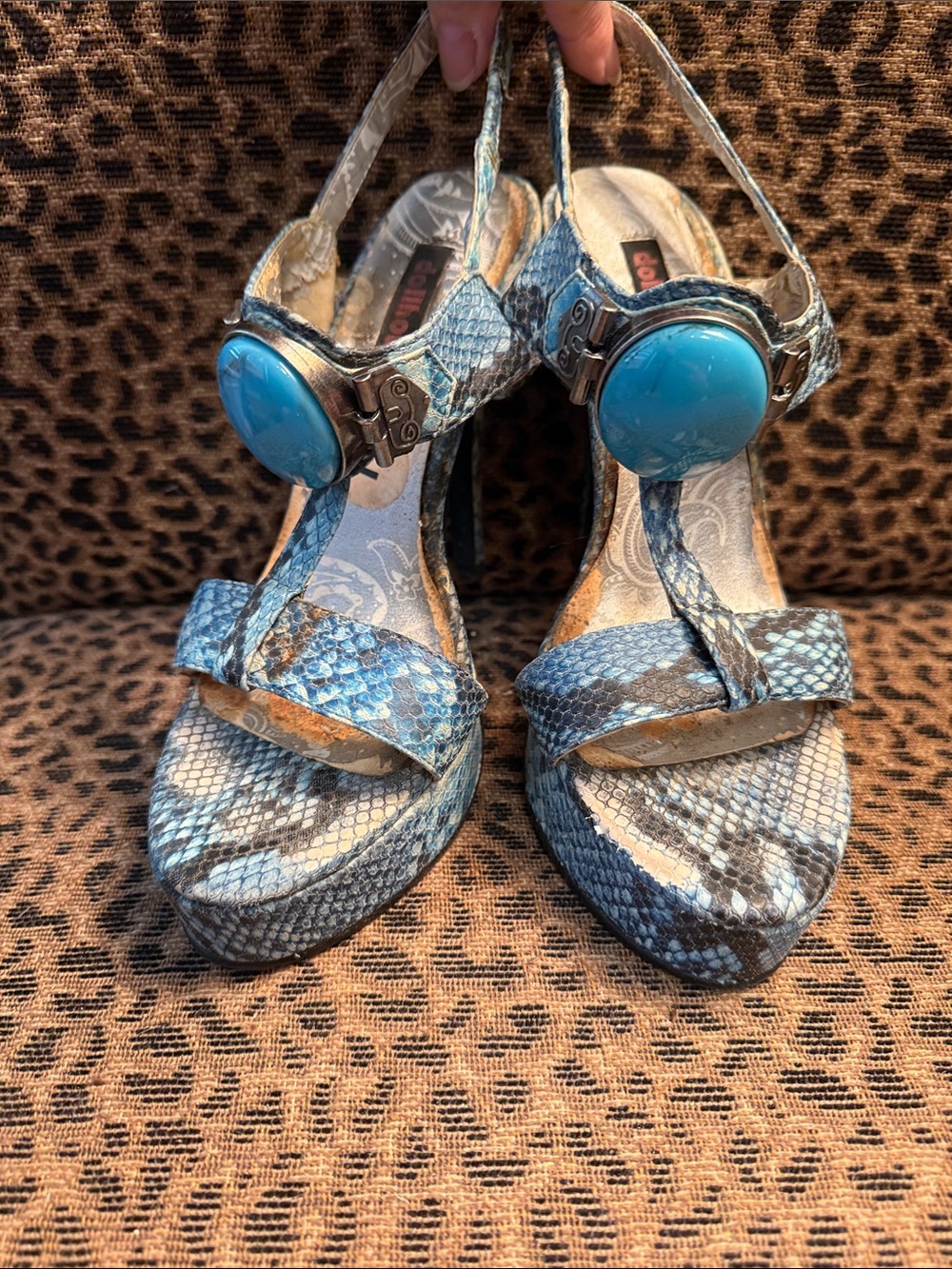 Blue Snakeskin Platform Sandals with Turquoise Accent. 3” Heels